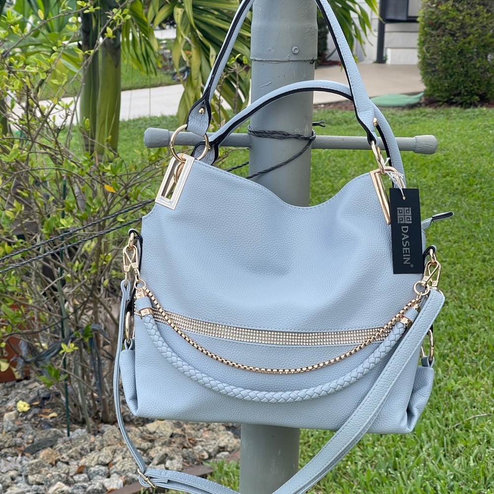 Stylish Light Blue Handbag with Gold Accents - Picture 14 of 15